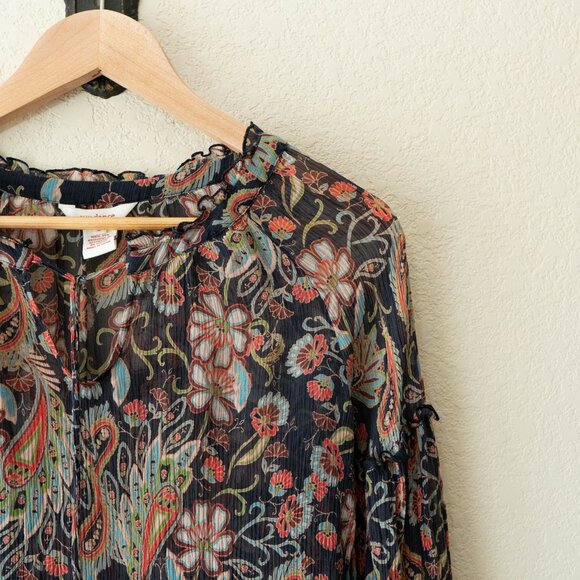 Sundance Silk Peasant Blouse Womens Small Floral Tassel Tie Sheer Boho Top - Picture 4 of 13